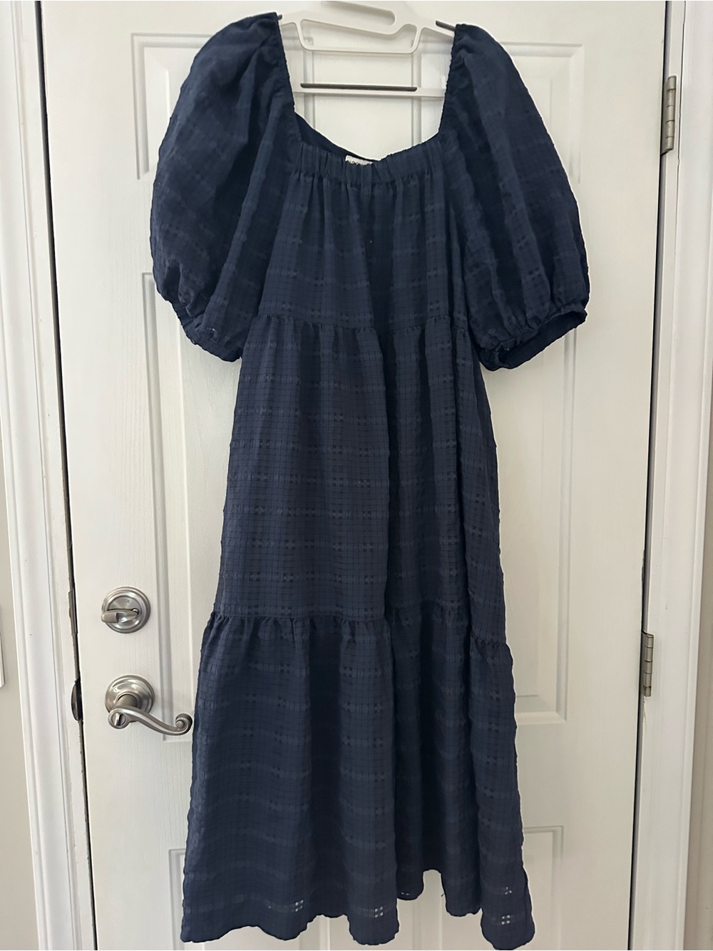 Moon River Women's Blue Black Window Plaid Puff Sleeve Midi Dress Size Large